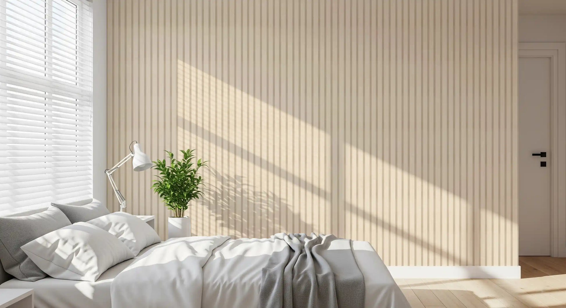 Bedroom interior with muted stripe wallpaper and soft canvas fabric effect