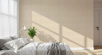 Bedroom interior with muted stripe wallpaper and soft canvas fabric effect