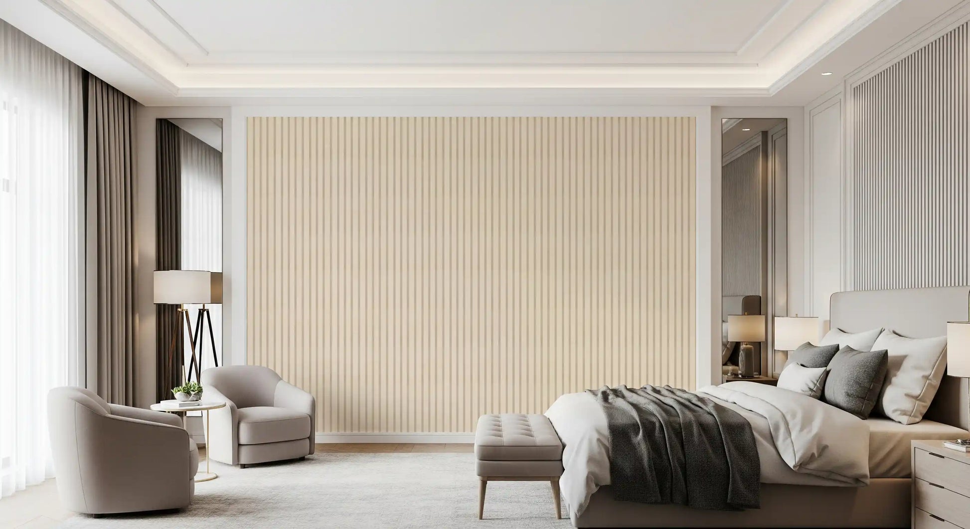 Classic vertical stripe wallpaper with subtle canvas and muted palette