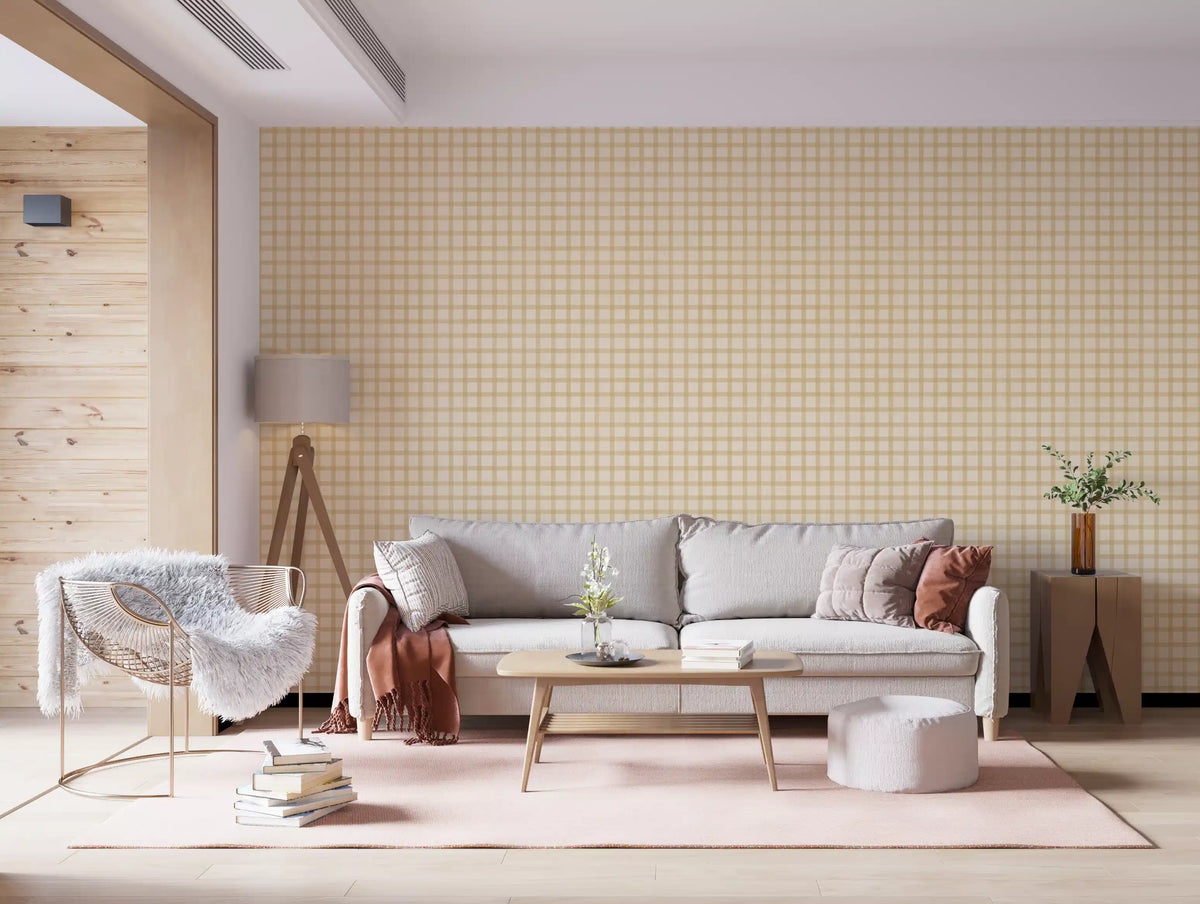 Living room decor with soft gingham canvas wallpaper in beige plaid grid