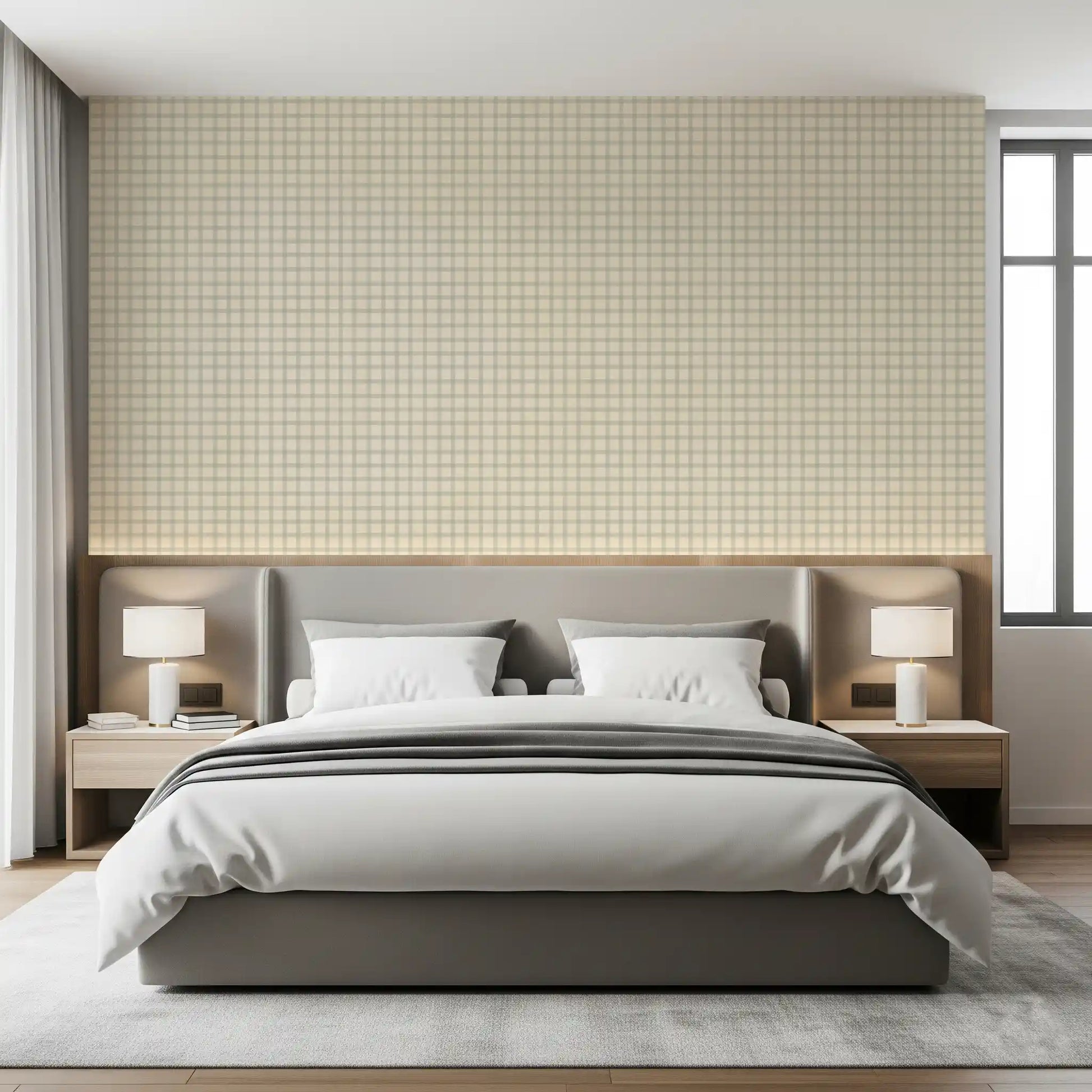 Vintage gingham plaid wallpaper in muted neutral color tones