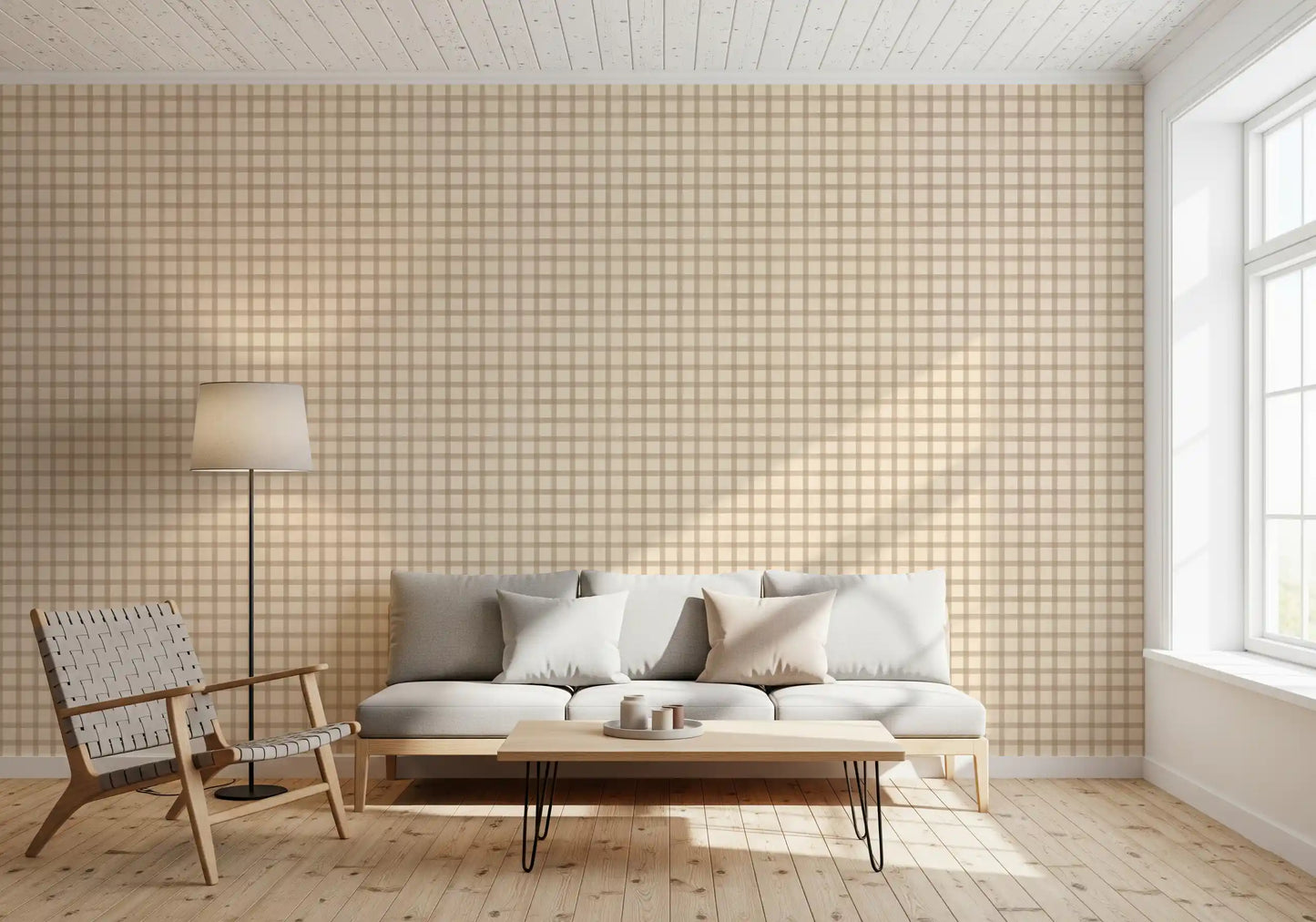Hallway wallpaper featuring soft plaid checks and a canvas vintage texture finish