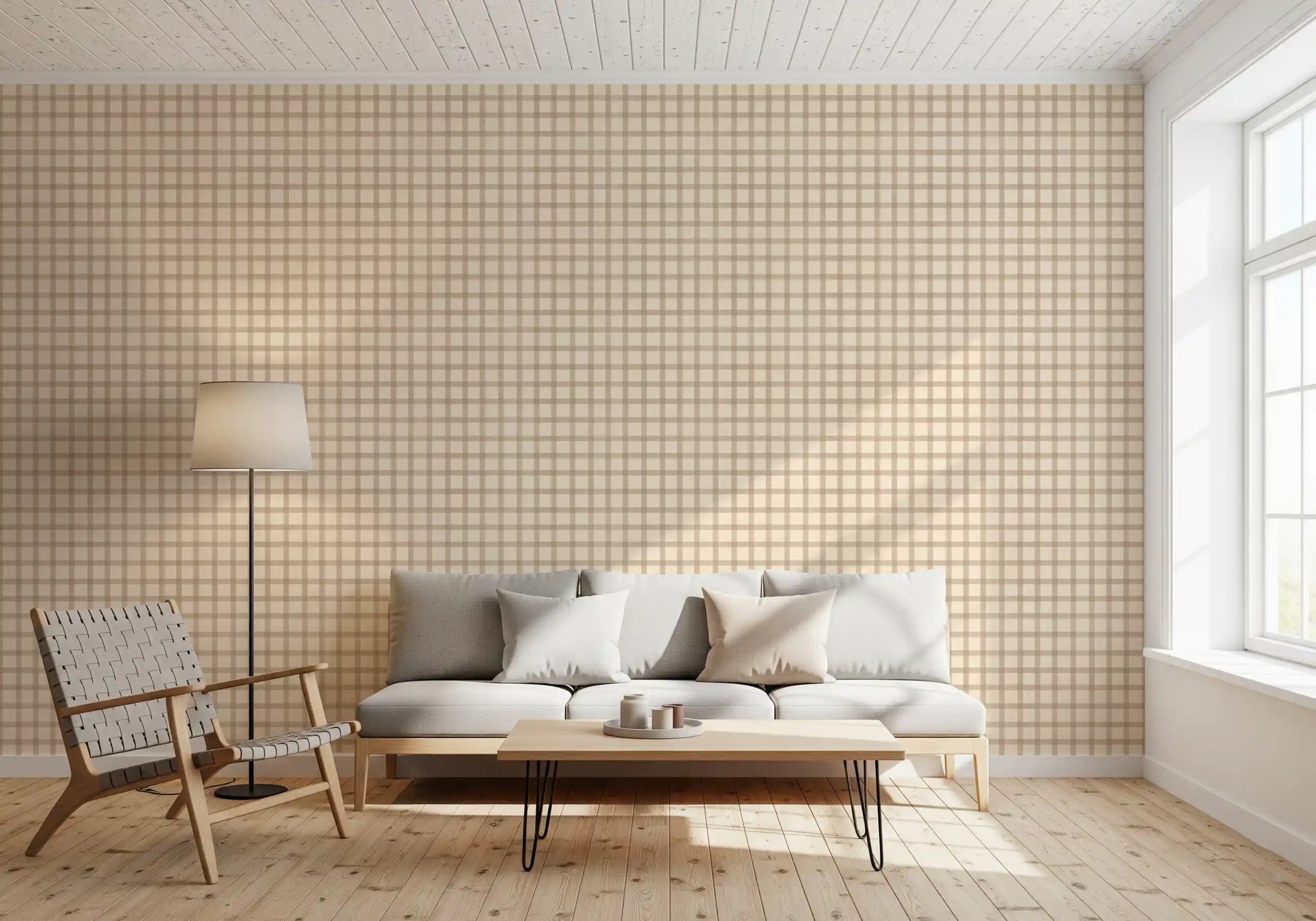 Hallway wallpaper featuring soft plaid checks and a canvas vintage texture finish
