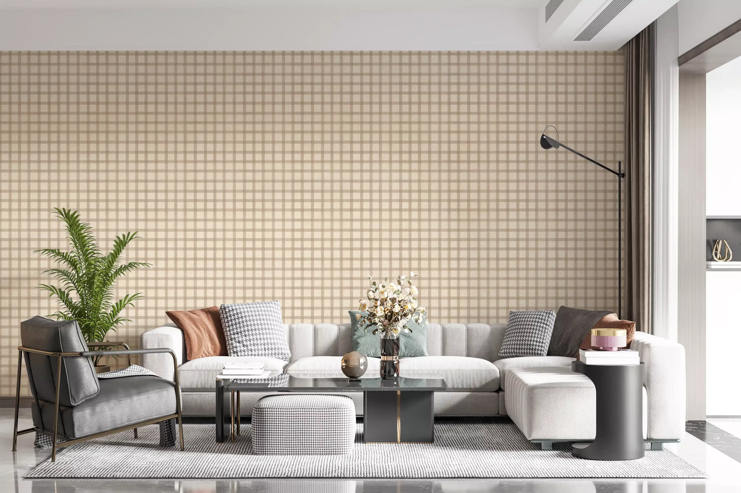 Living room wallpaper with canvas-style gingham checks and soft beige structure detail