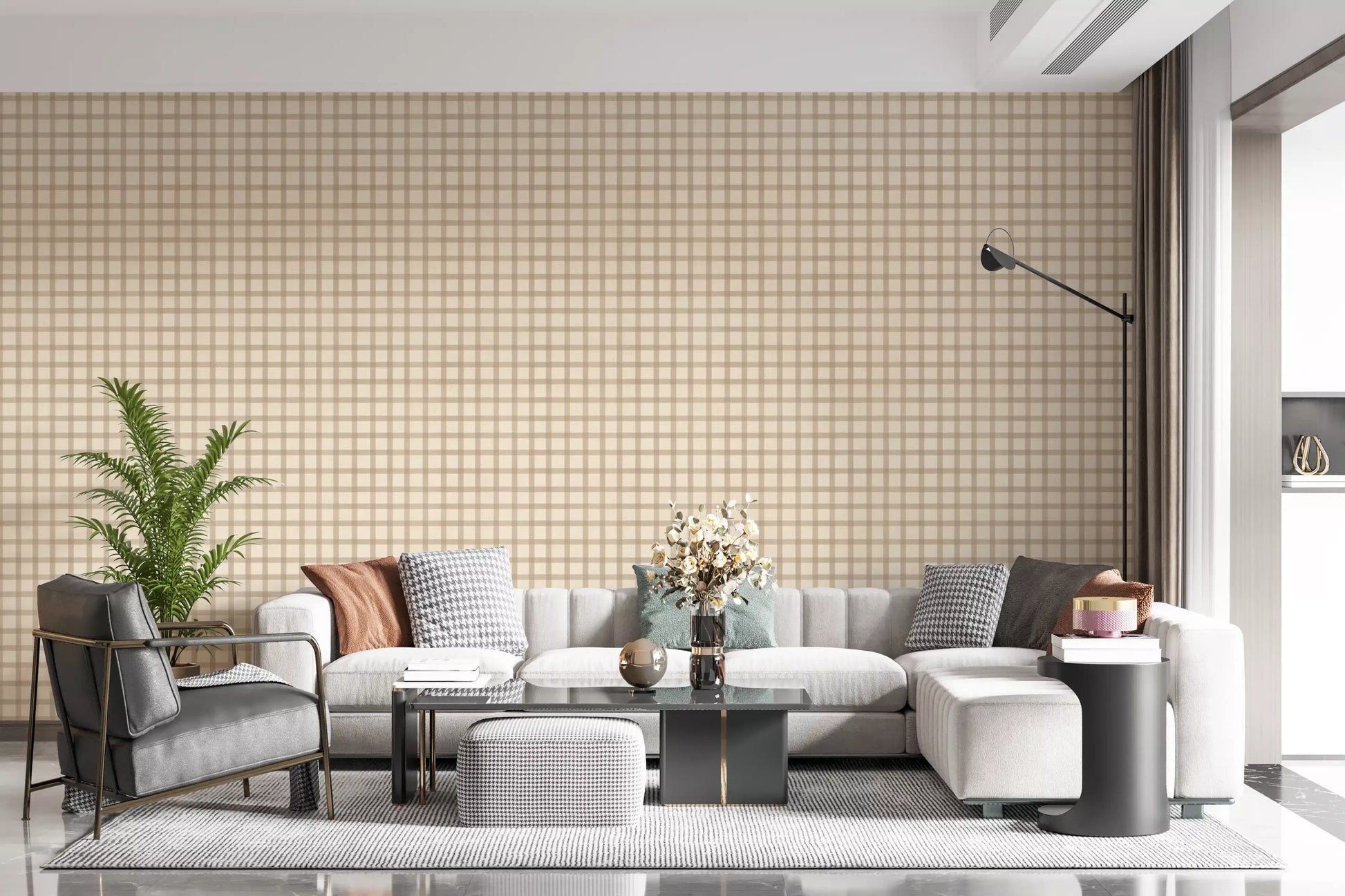 Living room wallpaper with canvas-style gingham checks and soft beige structure detail