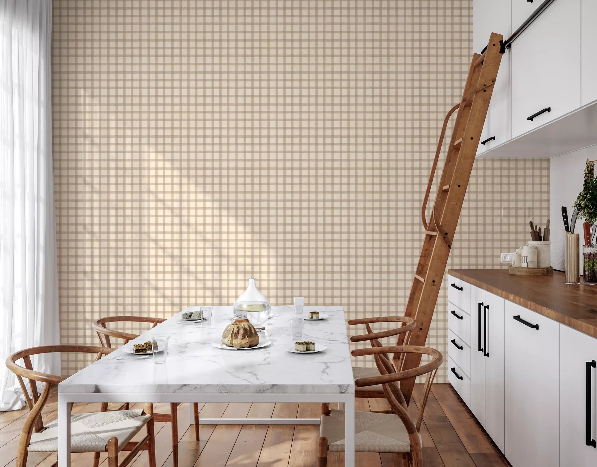 Kitchen and dining room wallpaper featuring soft vintage plaid in canvas inspired design