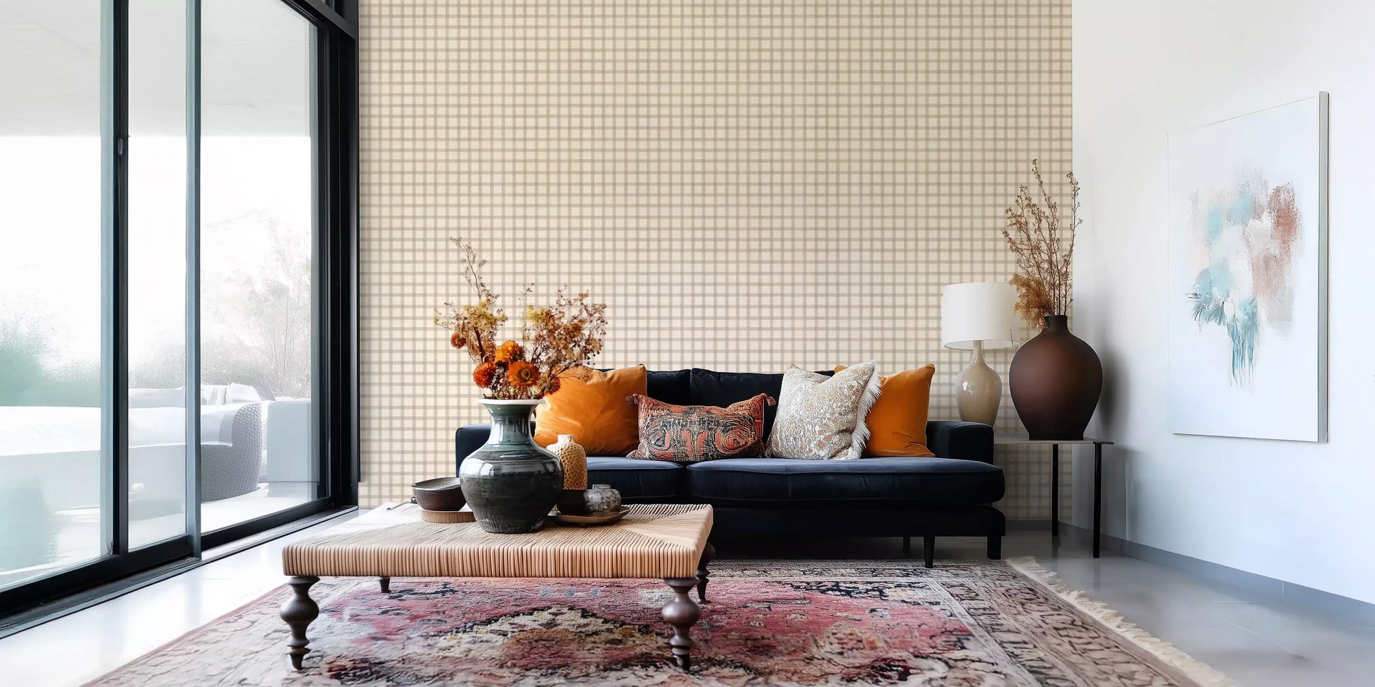 Living room wallpaper featuring canvas gingham checks in a calm neutral vintage style