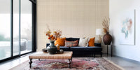Living room wallpaper featuring canvas gingham checks in a calm neutral vintage style