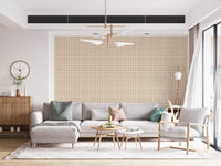 Living room wallpaper with vintage gingham plaid and a quiet neutral canvas feel