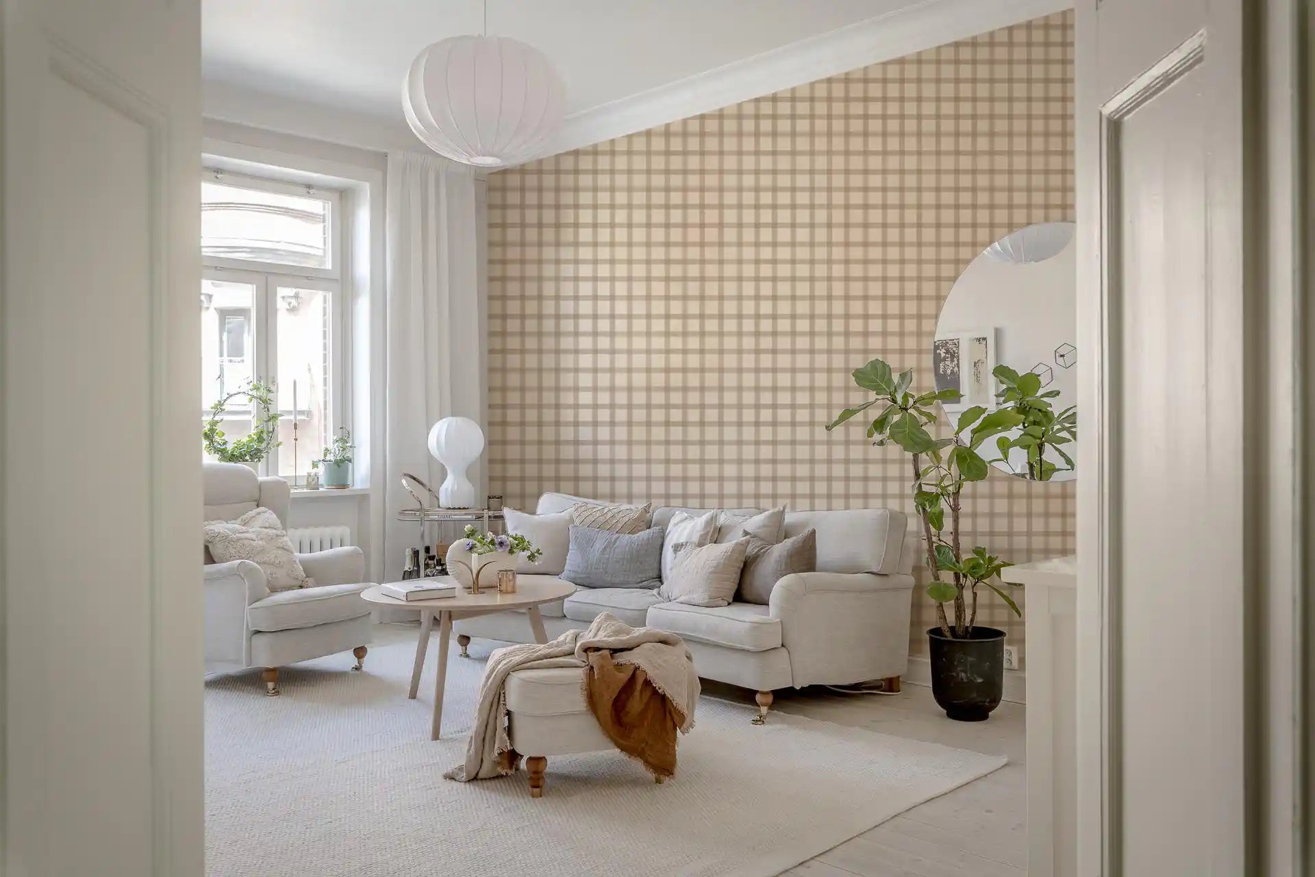 Entryway  wallpaper pairing vintage gingham lines with a calm neutral palette flow