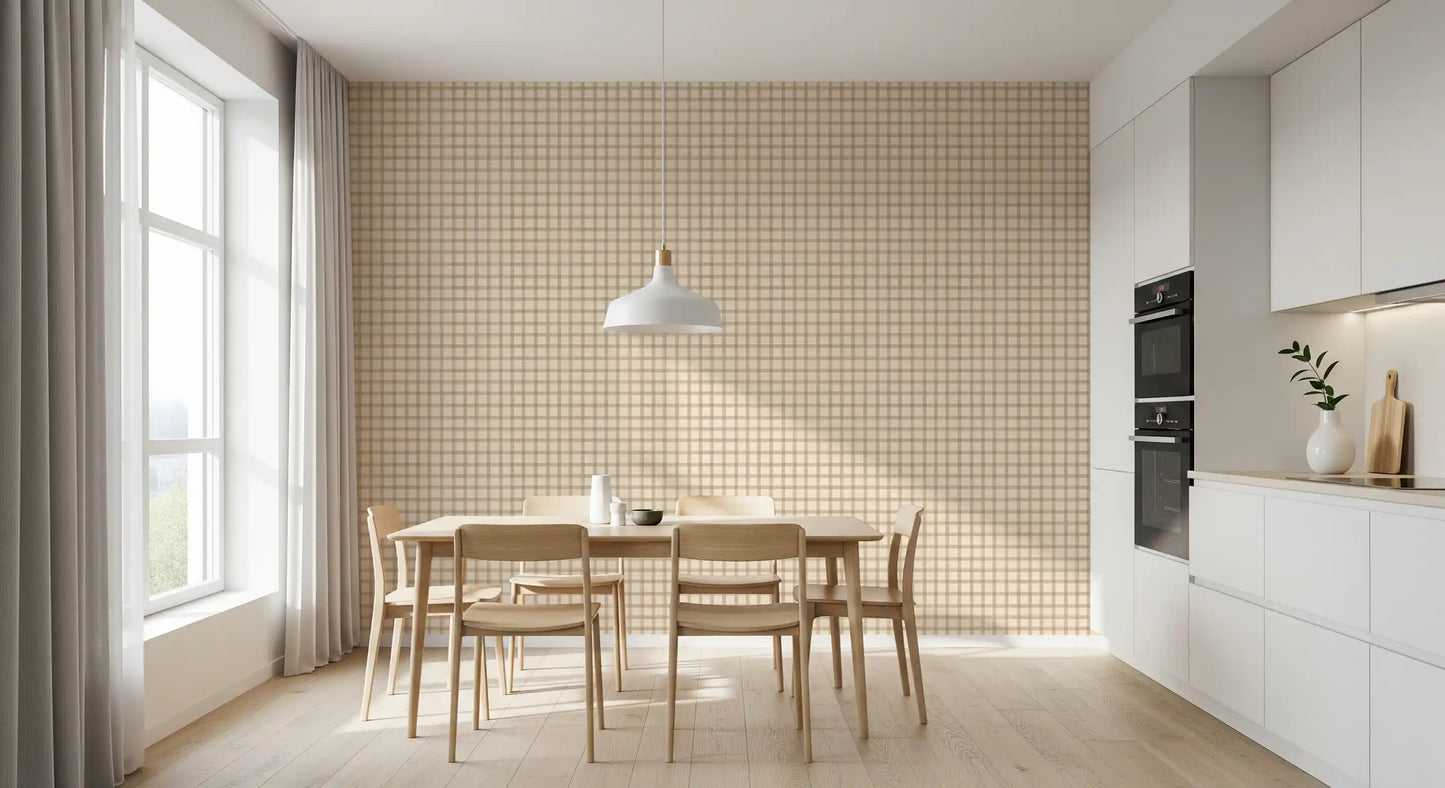 Dining area wallpaper with soft gingham on canvas in a balanced beige repeat style