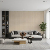 Hallway wallpaper showing beige gingham lines in a soft canvas-inspired repeat style