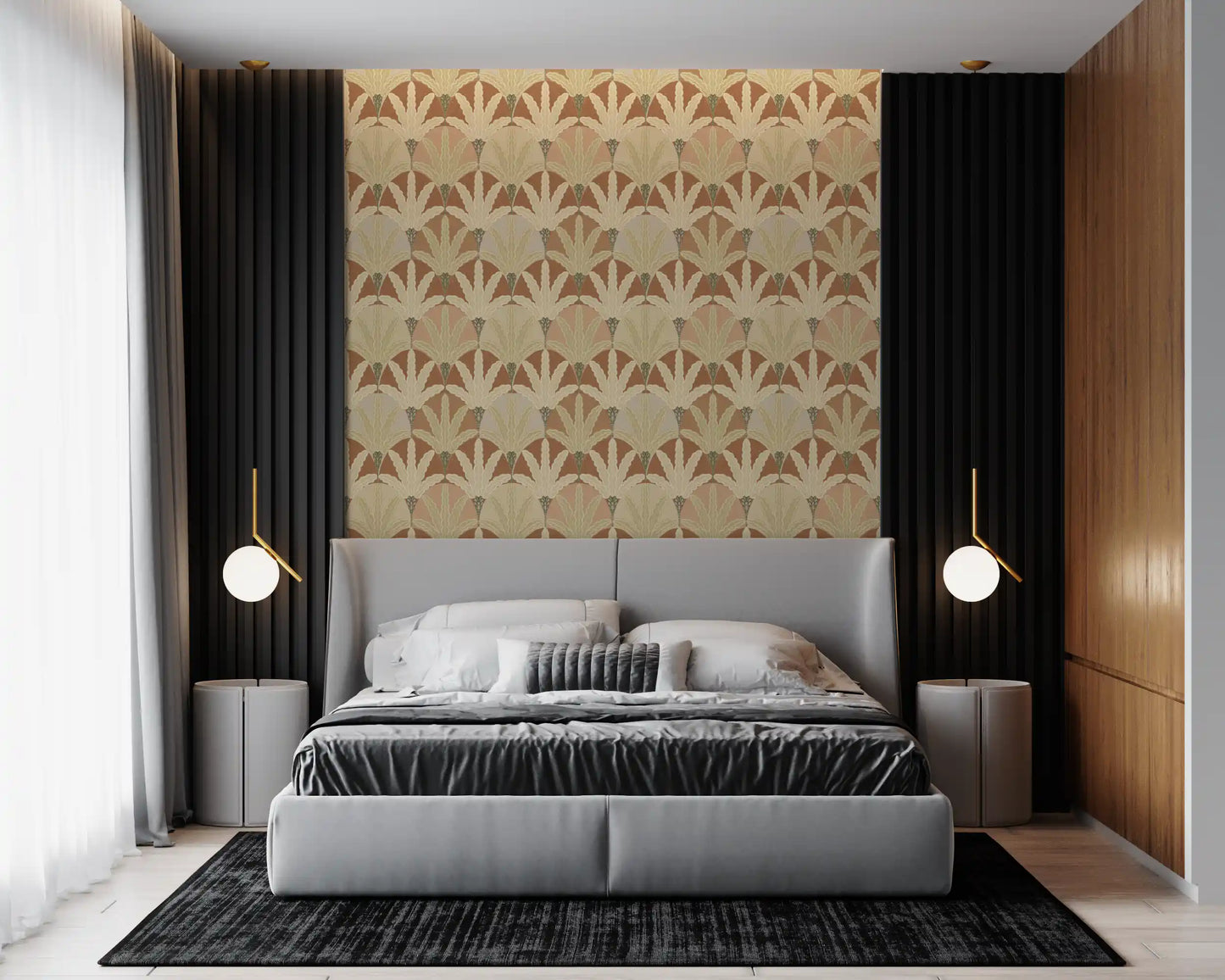 Earthy botanical fan wallpaper gives the Bedroom area a balanced vintage character