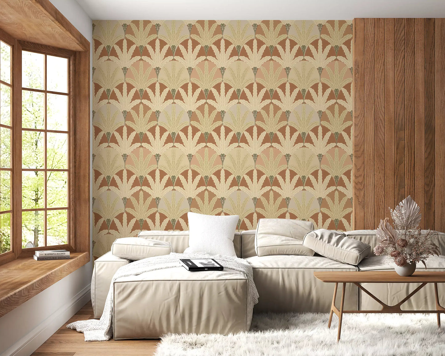 A Living area calm charm from wallpaper with vintage fan frond detail