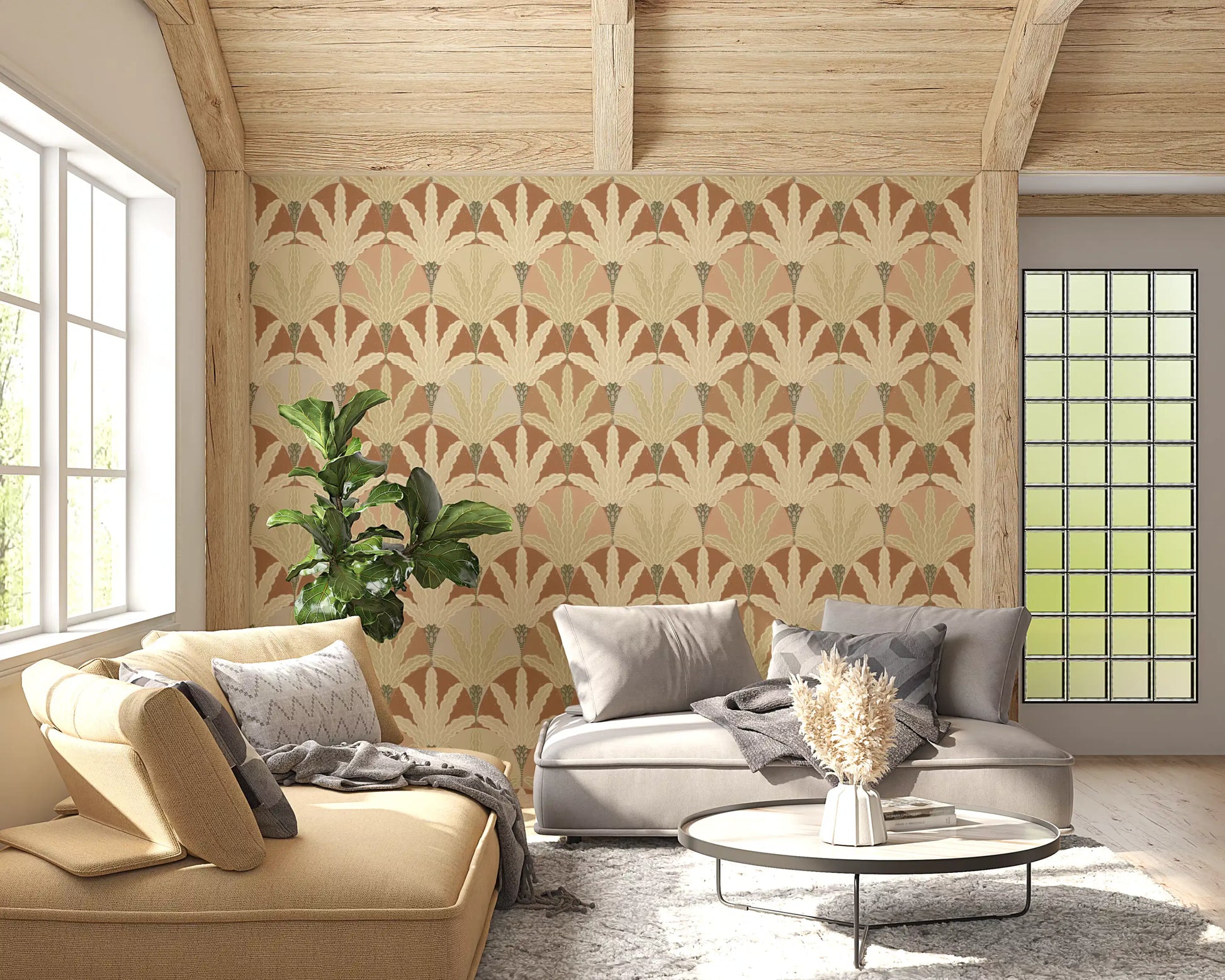 Hallway feels softer with earthy fan fronds wallpaper and calm neutral movement