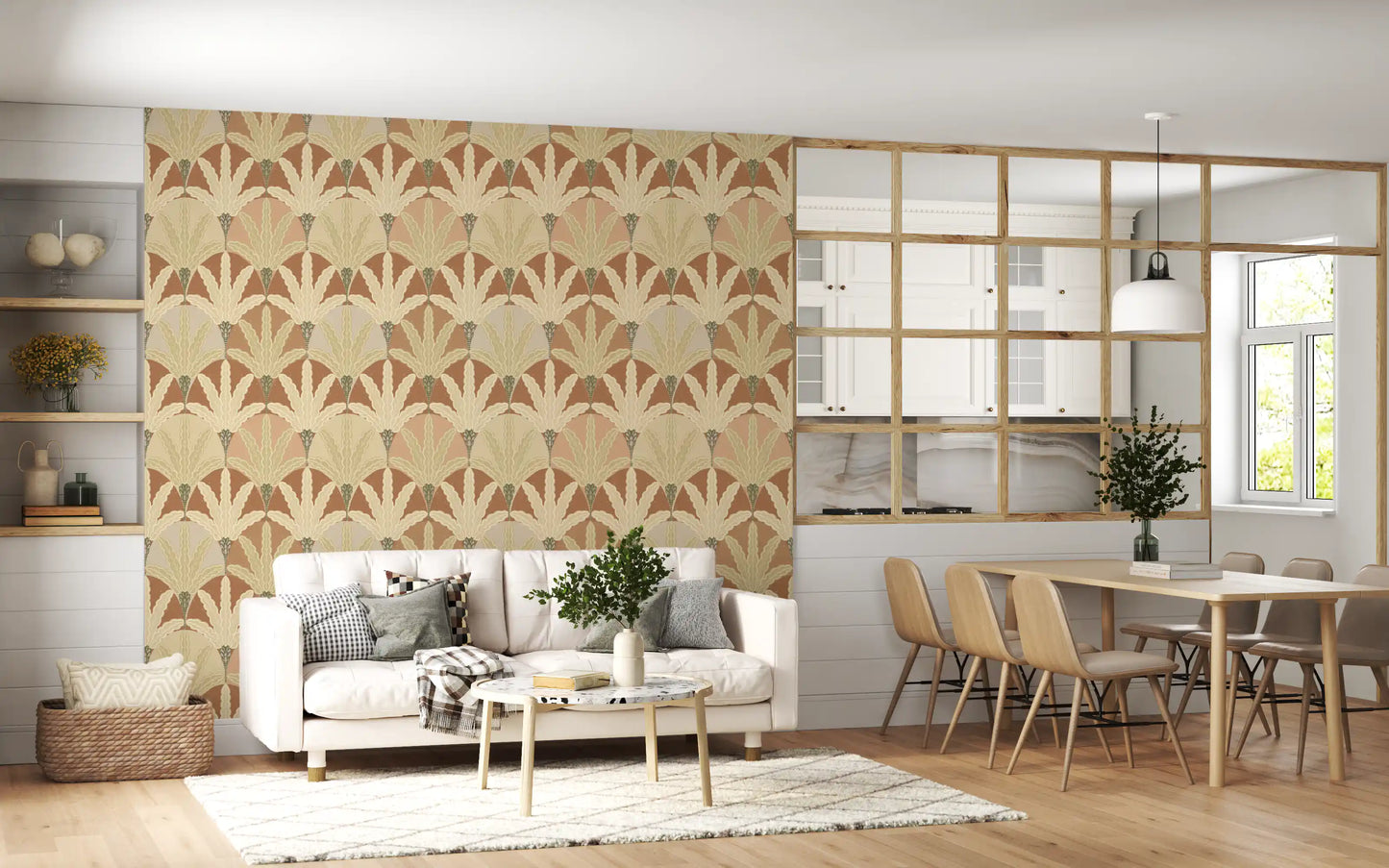 Living and dining space feels with earthy fan fronds wallpaper in a tailored deco repeat