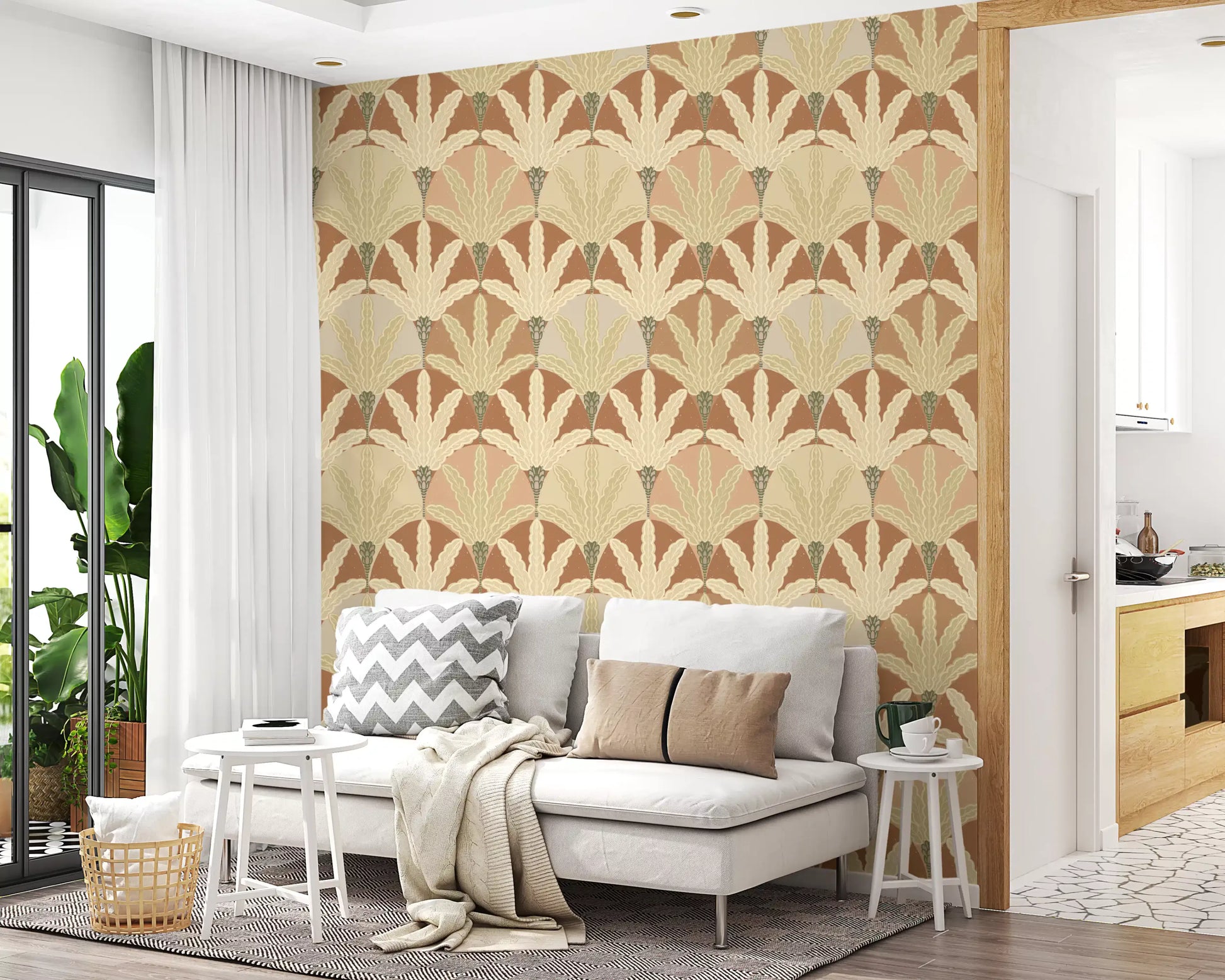 Living area stands out with fan frond wallpaper in a warm earthy deco layout
