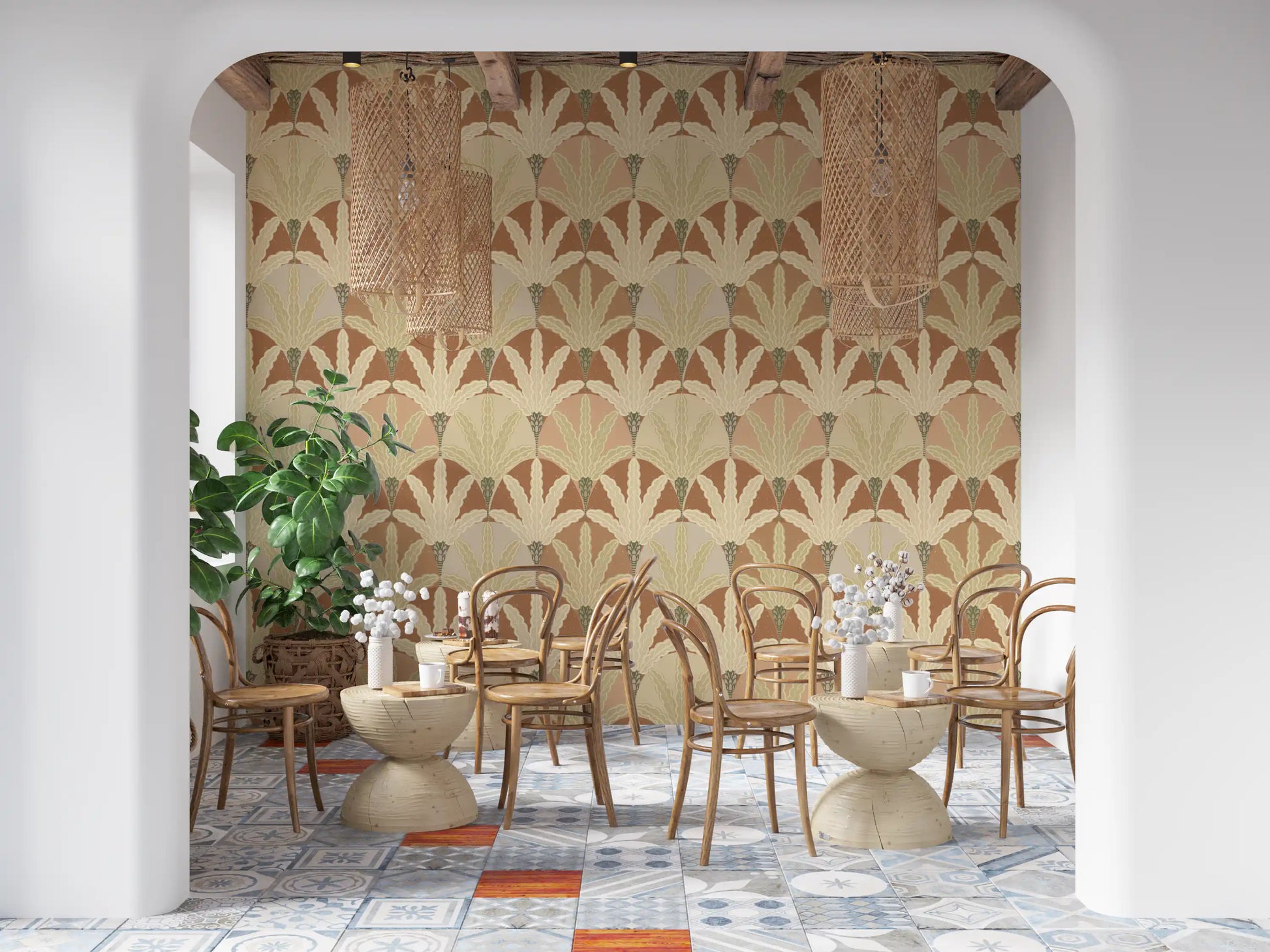 This Cafe uses deco fan fronds wallpaper to bring soft structure and warmth