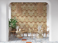 This Cafe uses deco fan fronds wallpaper to bring soft structure and warmth