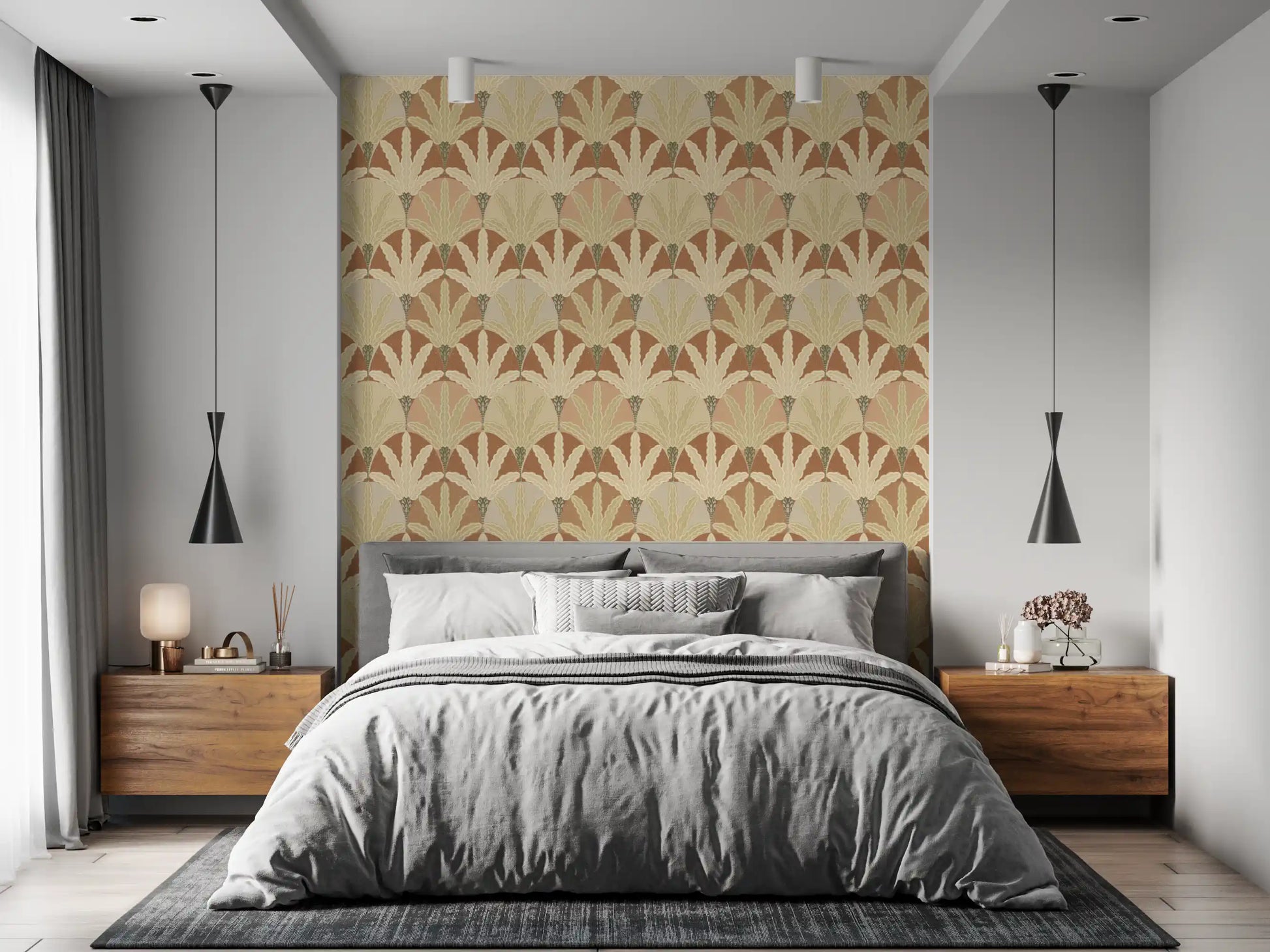 Bedroom styling suits wallpaper where soft fan fronds create an earthy vintage flow