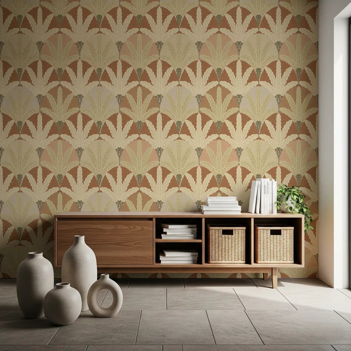 Entryway styling layers deco fan fronds wallpaper with a quiet earthy presence