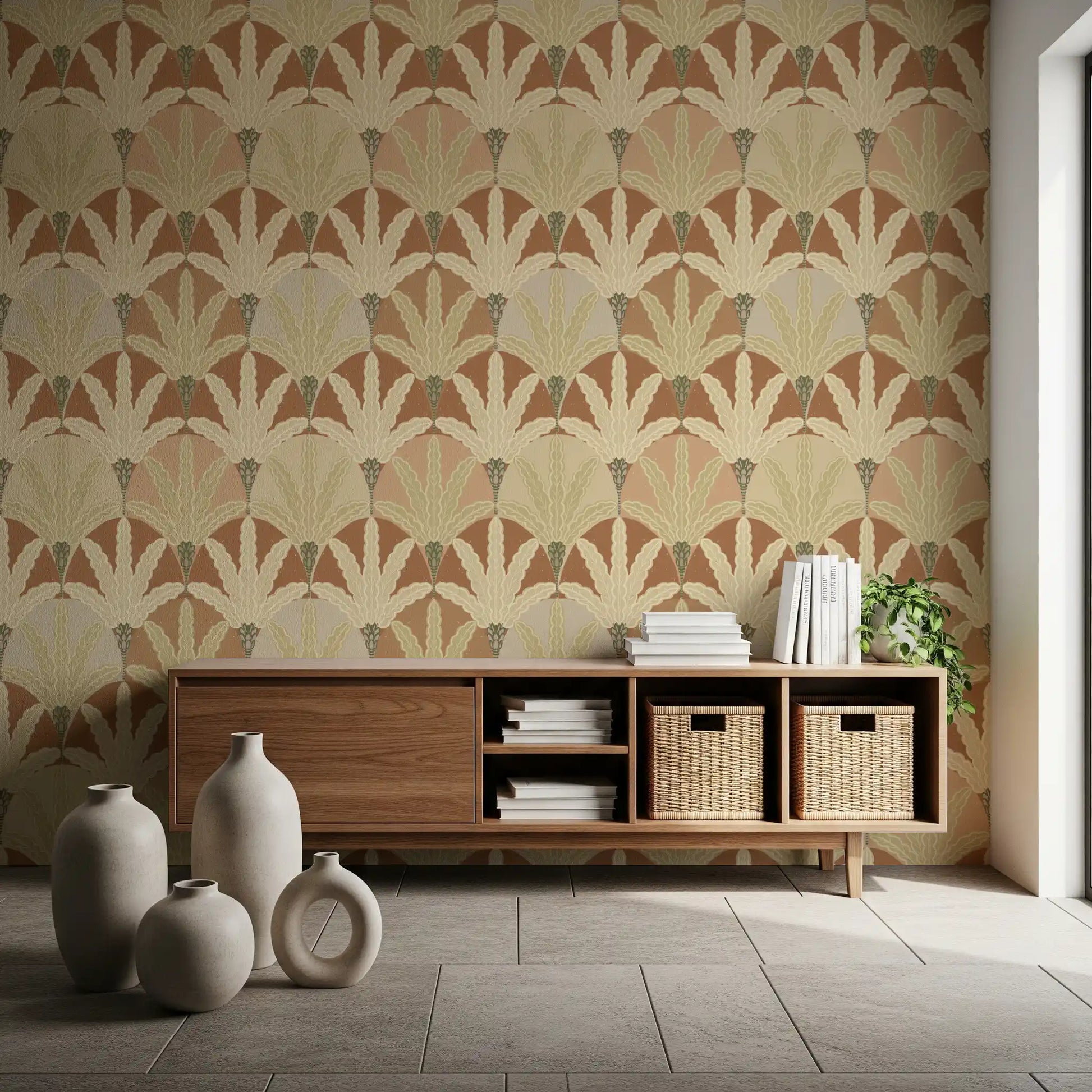 Entryway styling layers deco fan fronds wallpaper with a quiet earthy presence