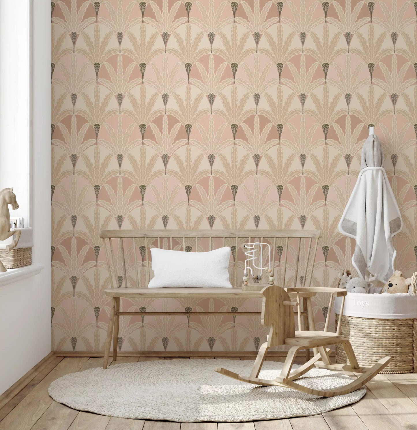 Kids room wallpaper pairing blush foliage motifs with calm deco elegance throughout