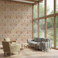 Lounge area wallpaper with serene blush foliage and tailored repeat pattern detail