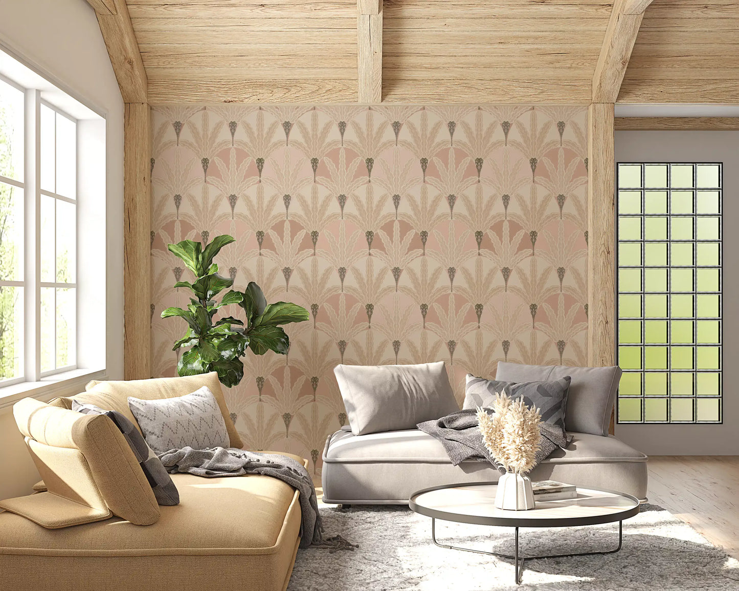 Living area wallpaper with blush deco leaves and vintage botanical repeat styling