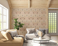 Living area wallpaper with blush deco leaves and vintage botanical repeat styling