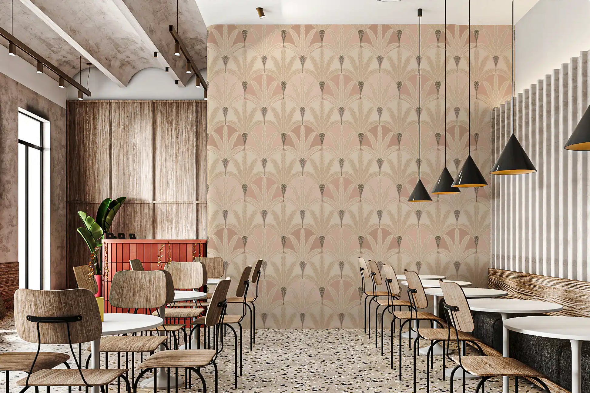 Restaurants wallpaper featuring blush foliage fans in a soft art deco repeat design style