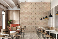 Restaurants wallpaper featuring blush foliage fans in a soft art deco repeat design style