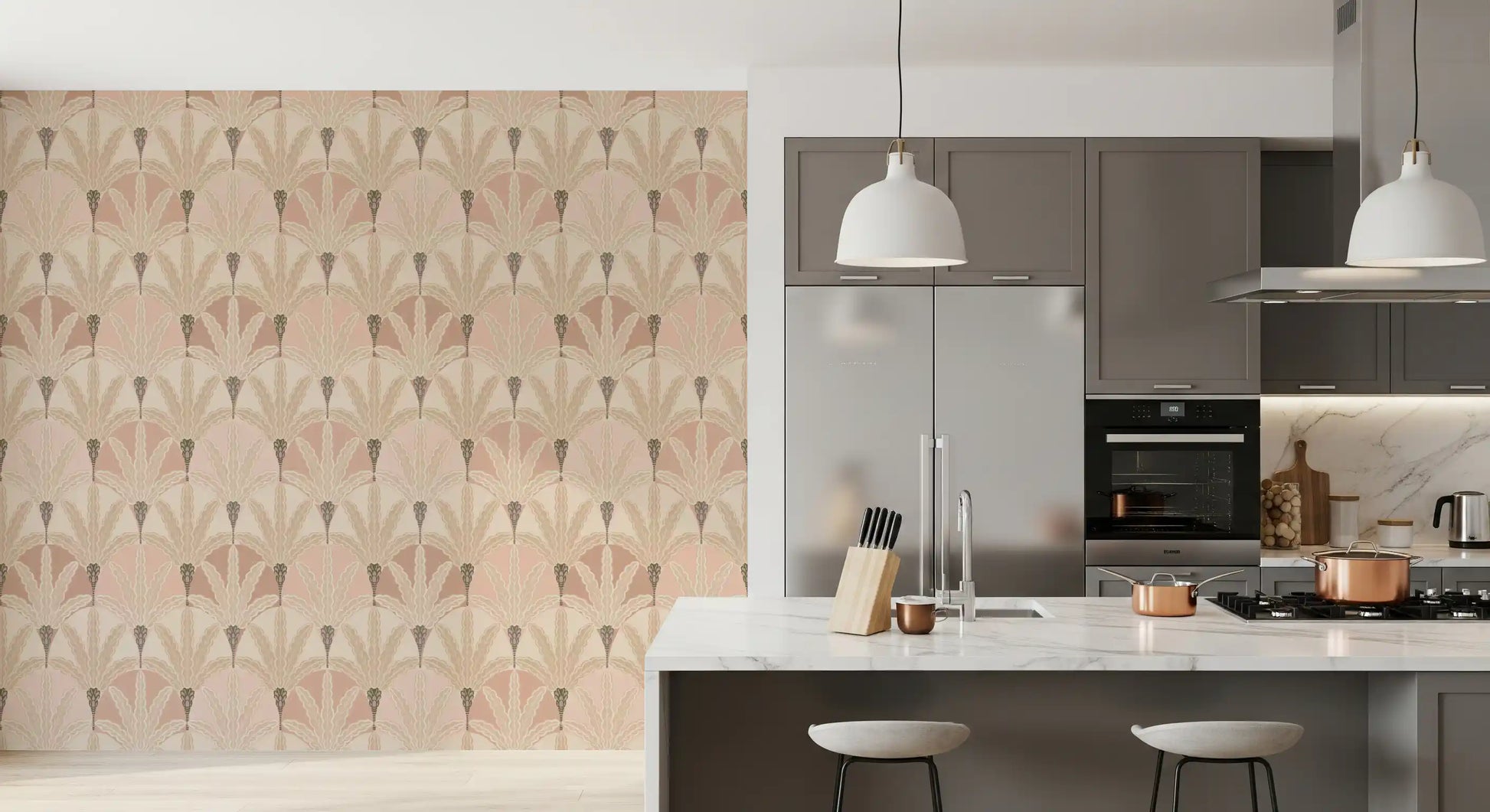 Kitchen wallpaper with blush deco foliage in a refined repeat layout design flow