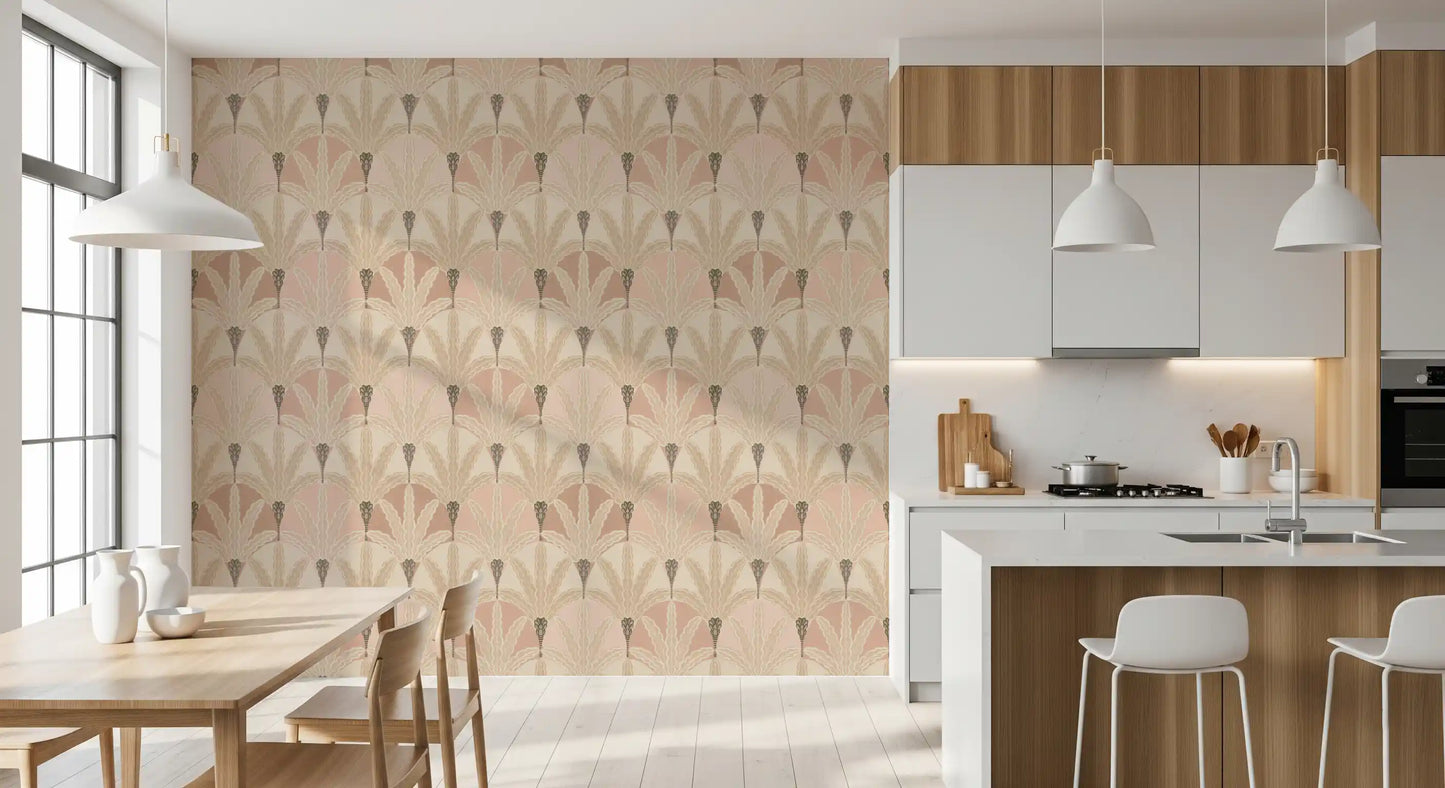 KItchen and dining area wallpaper featuring art deco foliage and blush leaf in rhythm
