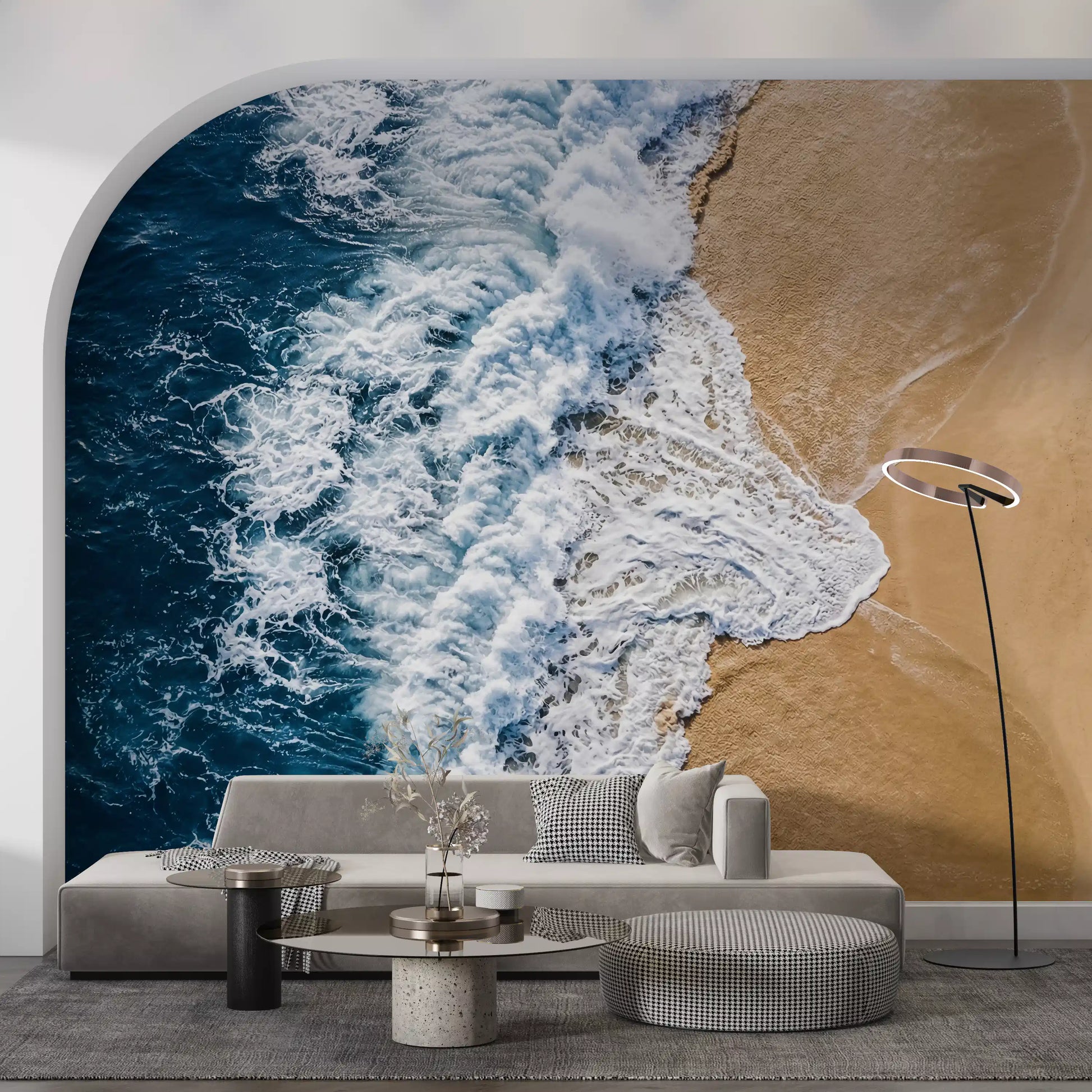 Living room wall mural featuring Sea meets shore waves and golden sand sweep below