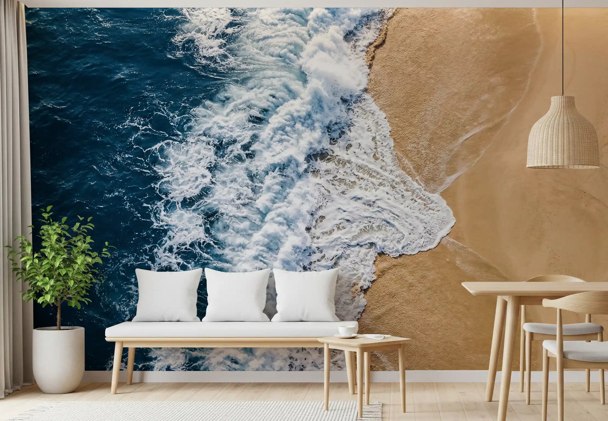 Living and dining room  wall mural with aerial sea shoreline contrast and curling white surf foam