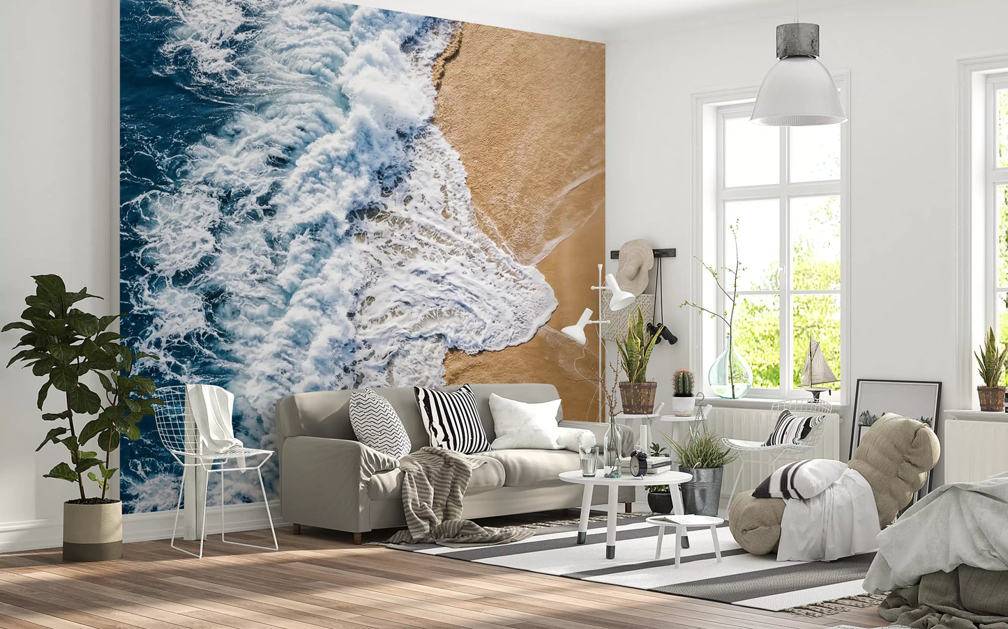 Living room wall mural highlighting coastal divide energy and foamy sea beach contact motion