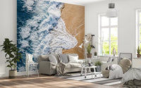 Living room wall mural highlighting coastal divide energy and foamy sea beach contact motion