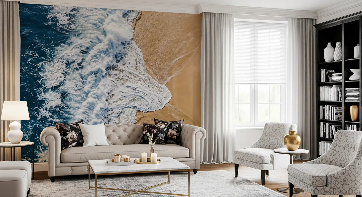 Entryway wall mural capturing sea vs land rhythm with bold coastal divide lines