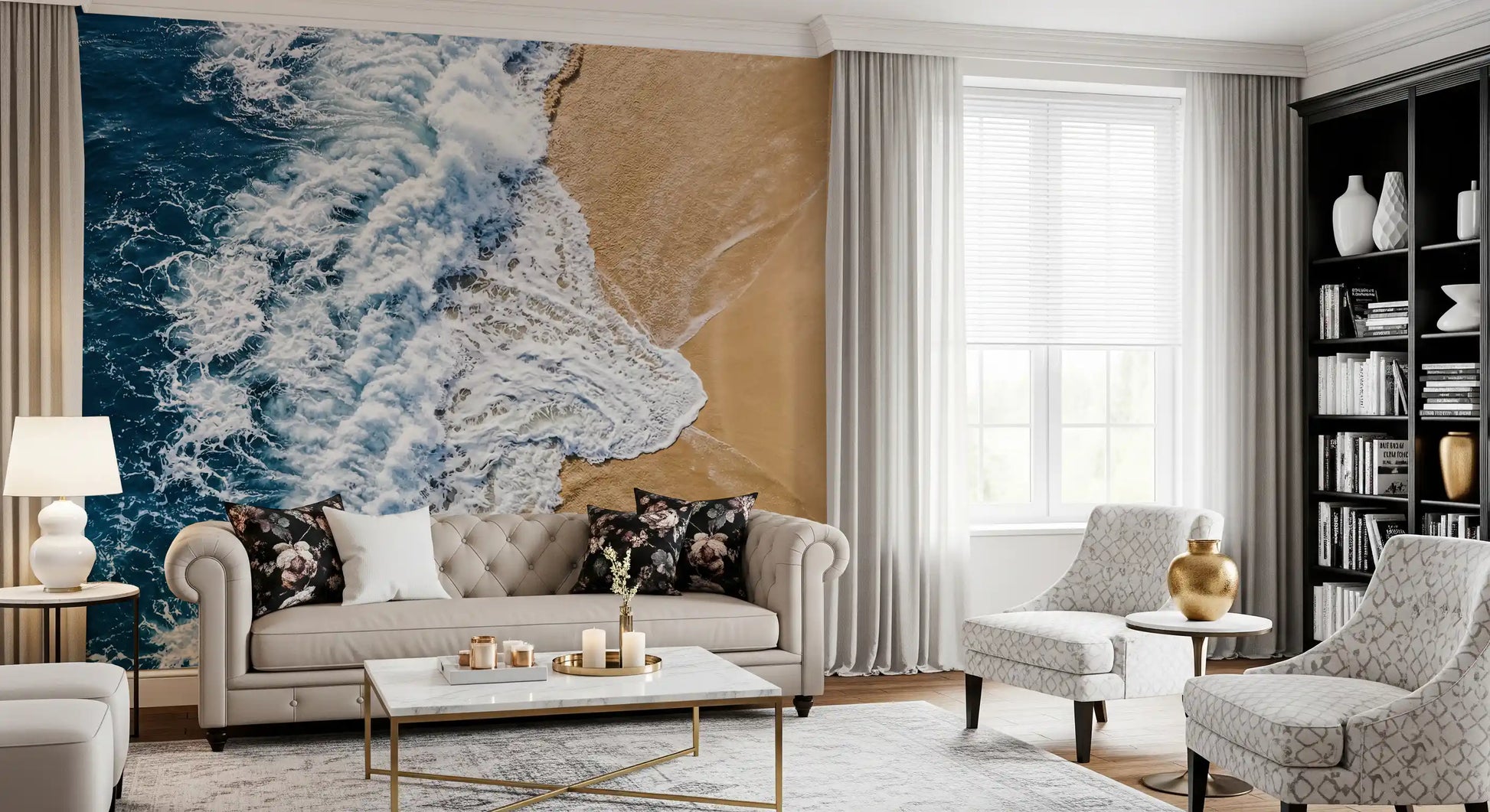 Entryway wall mural capturing sea vs land rhythm with bold coastal divide lines