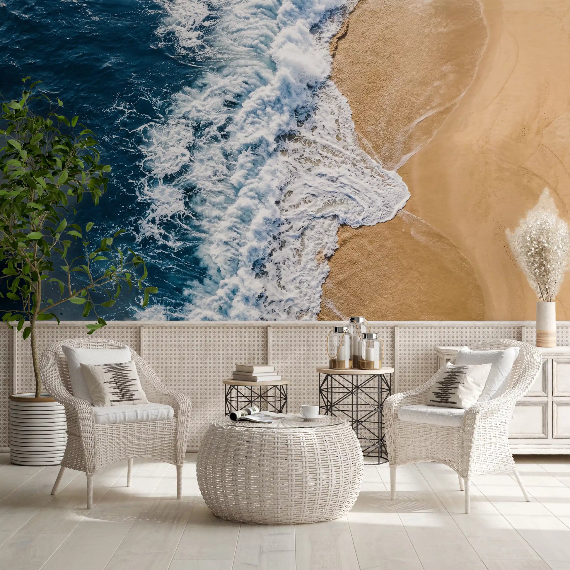 Hallway wall mural framing sea meets shore textures with calm aerial beach lines