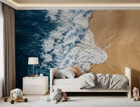 Bedroom wall mural showing coastal divide patterns and sea vs land movement below