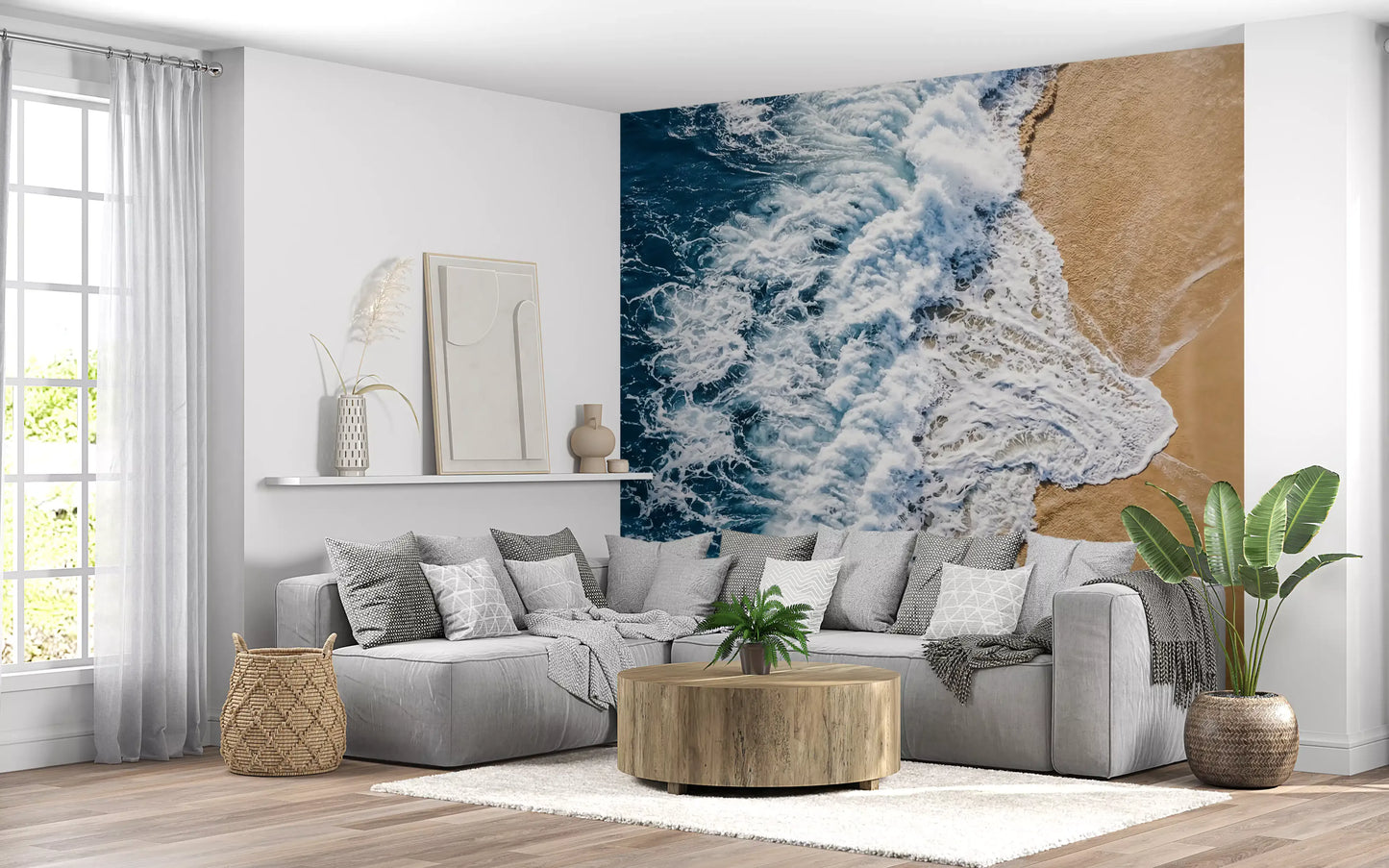 Lounge area wall mural presenting ocean meets shore detail and broad Land curves
