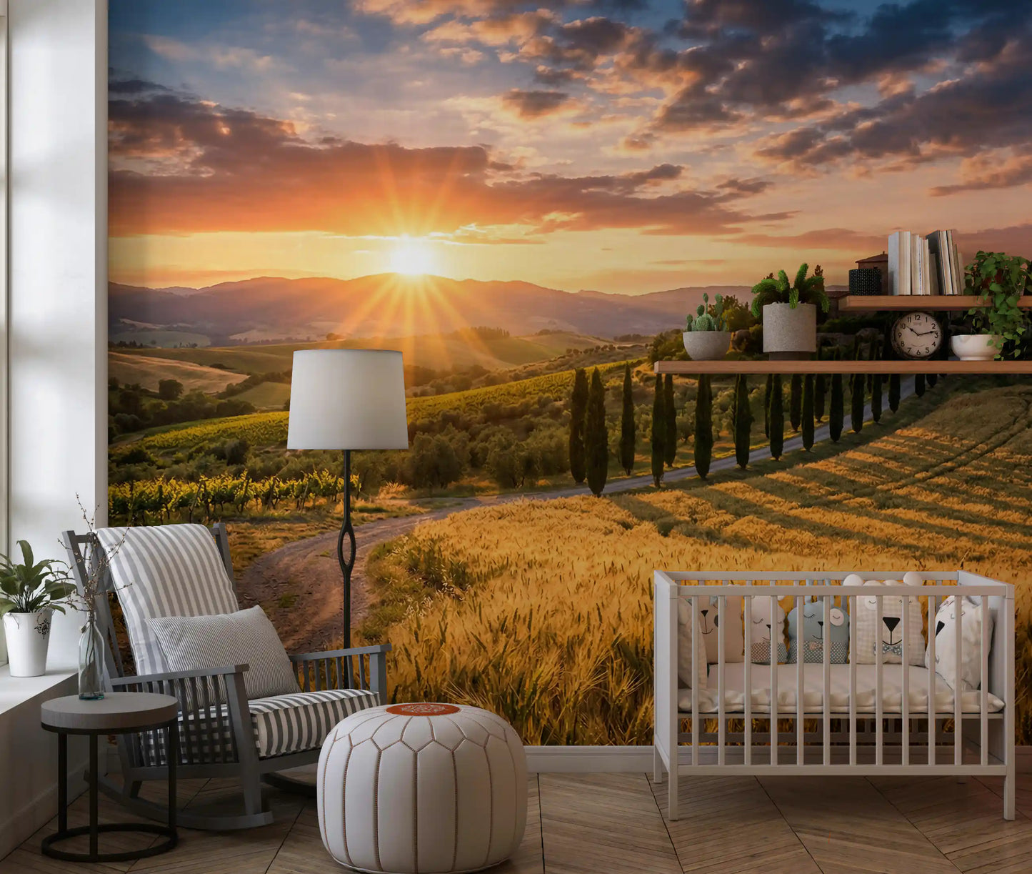 A Nursery room wall mural with Tuscan golden hour fields and cypress road panorama