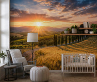 A Nursery room wall mural with Tuscan golden hour fields and cypress road panorama