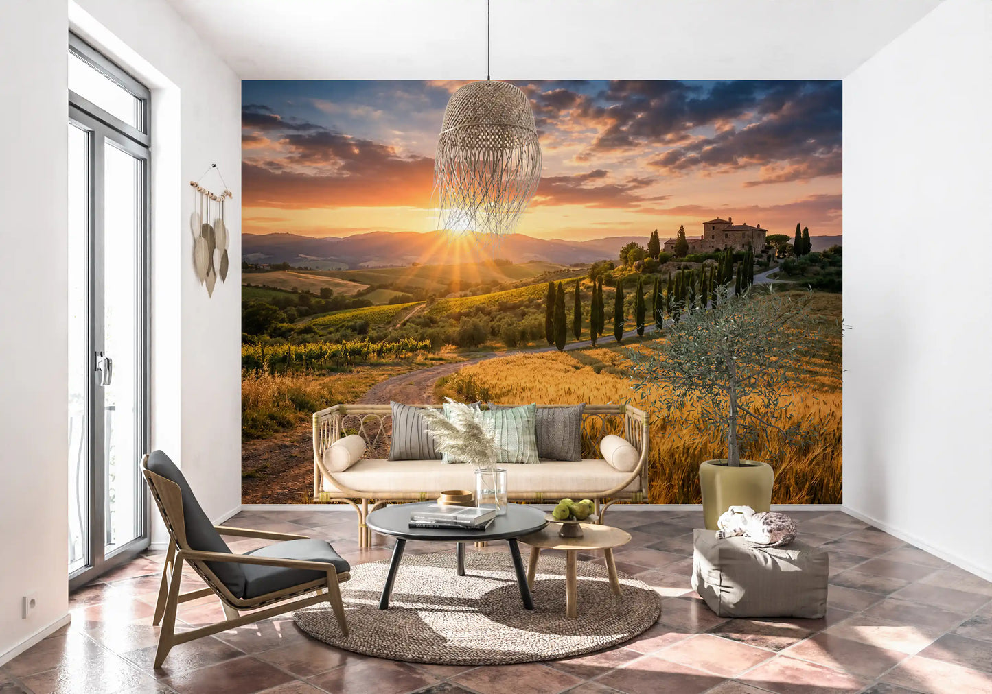 Living room wall mural capturing Tuscan golden hour and rolling field depth scene