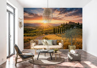Living room wall mural capturing Tuscan golden hour and rolling field depth scene