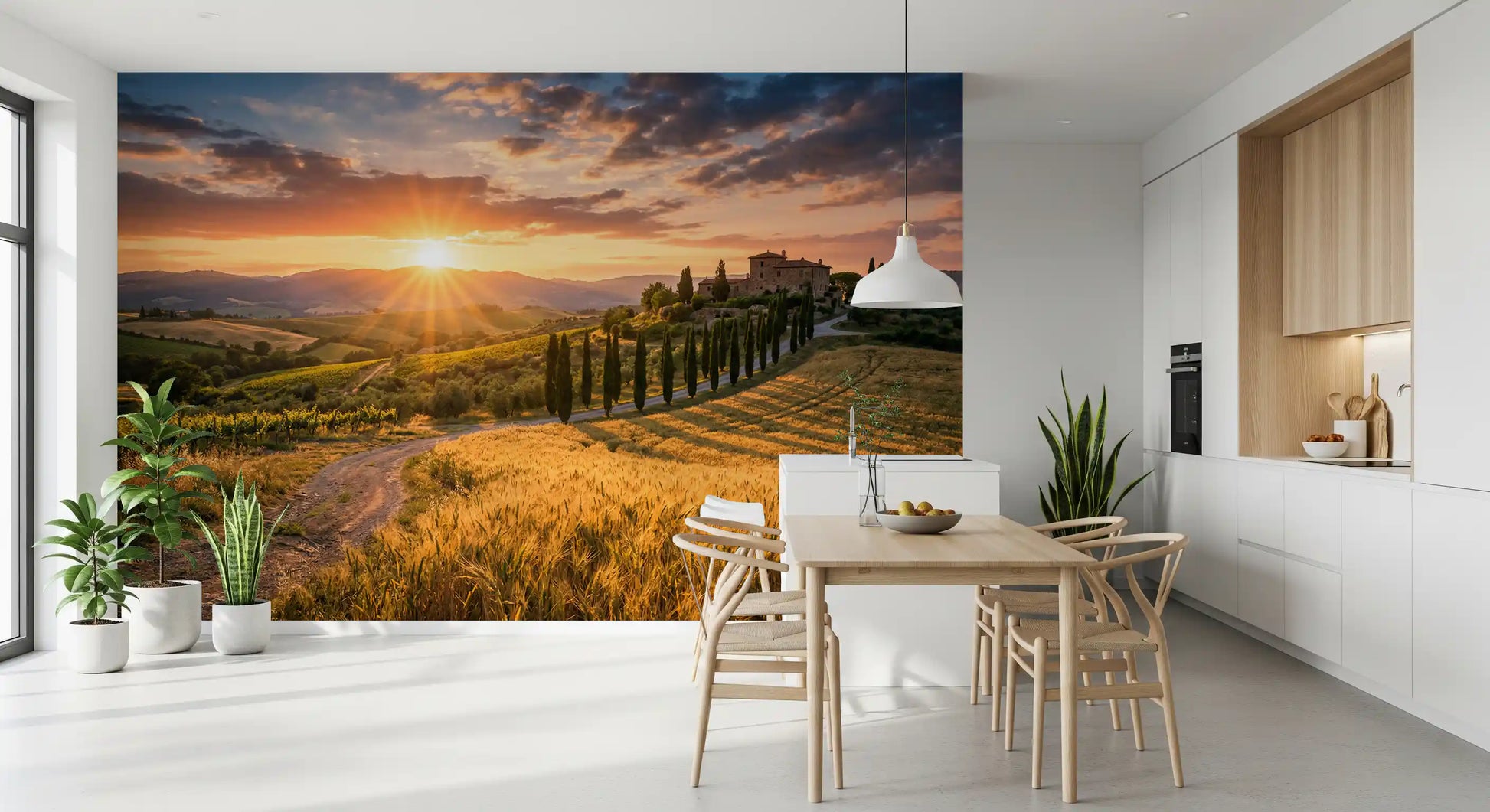 Dining room wall mural with golden Tuscan countryside and winding villa lane view