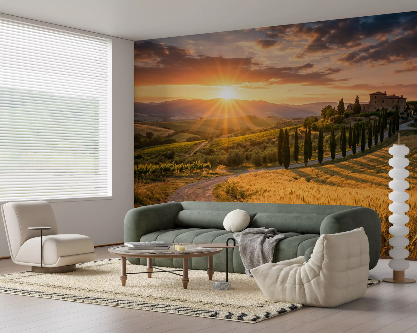 Living room wall mural with Tuscan golden hour and winding cypress lane landscape view
