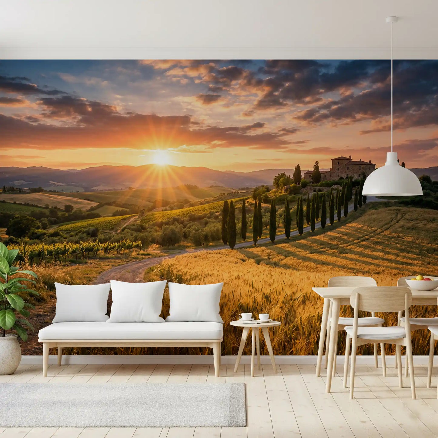 Hallway & Dining room wall mural showing a golden Tuscan path through sunlit wheat field curves
